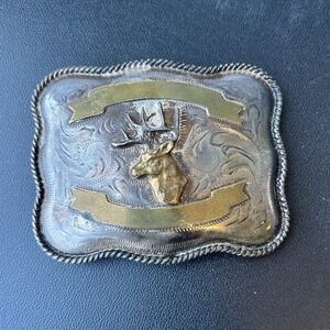 ANTIQUE Vintage Silver Tone Belt Buckle Elk Deer Made In Mexico VTG Belt Buckle